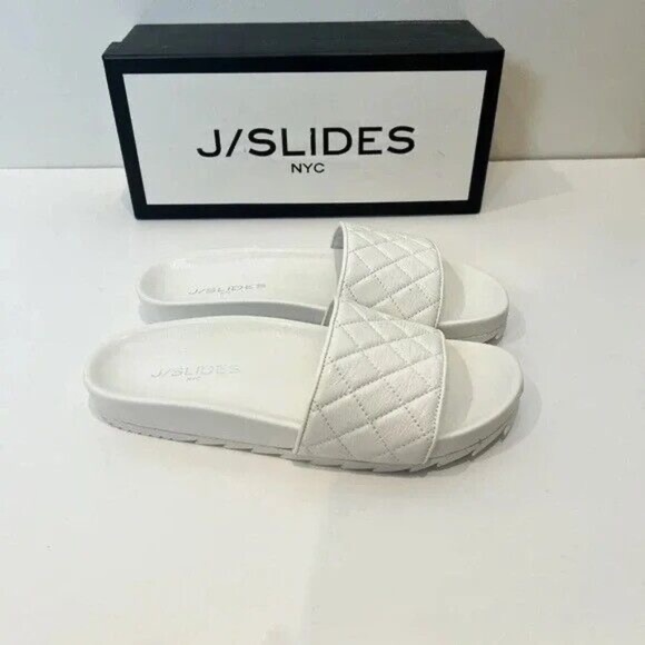 New J/Slides Edge Leather Slide Sandals Slip On White Quilted Comfortable NIB - Picture 4 of 4